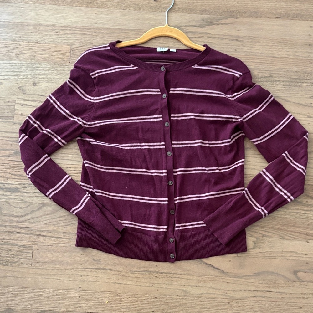 Striped Burgundy Button-Up Cardigan. Medium. Burgundy and light pink. Euc